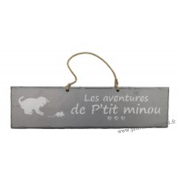 Plaque en bois "Les aventures de P'tit Minou (souris)" déco Chat fond gris clair