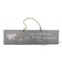 Plaque en bois "Les aventures de P'tit Minou (souris)" déco Chat fond gris clair