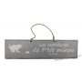 Plaque en bois "Les aventures de P'tit Minou (souris)" déco Chat fond gris clair