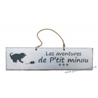 Plaque en bois " Les aventures de P'tit Minou et la souris " déco Chat fond blanc