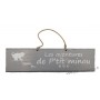 Plaque en bois "Les aventures de P'tit Minou (joue dans l'escalier)" déco Chat fond gris clair