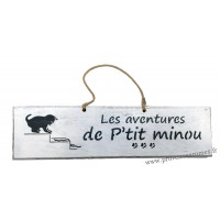 Plaque en bois "Les aventures de P'tit Minou (joue dans l'escalier)" déco Chat fond Blanc