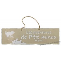 Plaque en bois "Les aventures de P'tit Minou (tâches de peinture)" déco Chat fond beige clair