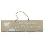 Plaque en bois "Les aventures de P'tit Minou (tâches de peinture)" déco Chat fond beige clair