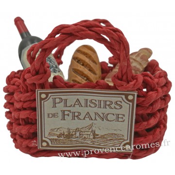 Magnet PANIER cabas rouge Garni Vin, pain, saucisson PLAISIRS DE FRANCE