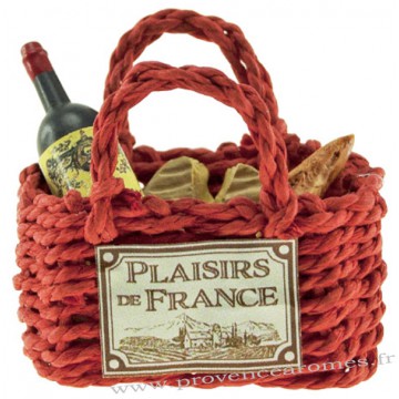 Magnet PANIER cabas rouge Garni Vin, camembert, baguette PLAISIRS DE FRANCE