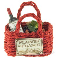 Magnet PANIER cabas rouge Garni Vin, croissant, raisin PLAISIRS DE FRANCE