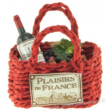 Magnet PANIER cabas rouge Garni Vin, croissant, raisin PLAISIRS DE FRANCE