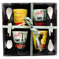 Coffret 4 Tasses à café et cuillères TOURNÉE DU CHAT NOIR et PARIS 2CV