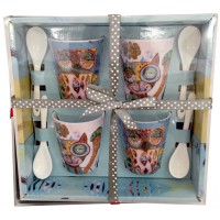 Coffret 4 Tasses à café et cuillères CHAT et CHOUETTE Allen Designs