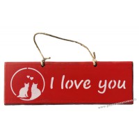 Plaque en bois " I Love You " déco Chat sur fond Rouge