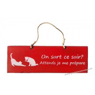 Plaque en bois " On sort ce soir ? Attends je me prépare " déco Chat sur fond Rouge