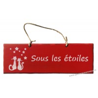 Plaque en bois " Sous les étoiles " déco Chat sur fond Rouge