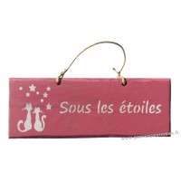 Plaque en bois " Sous les étoiles " déco Chat sur fond Rose