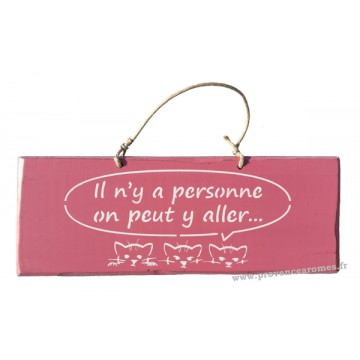 Plaque en bois " Il n'y a personne on peut y aller " déco Chat sur fond Rose