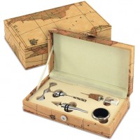 Coffret sommelier déco mappemonde accessoires vin - tire-bouchon, collier anti-gouttes, bouchon inox, bec verseur