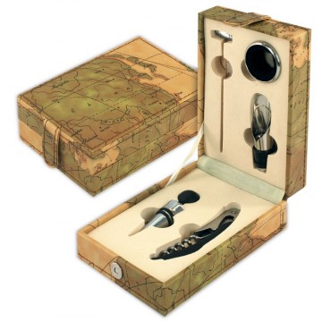 Coffret sommelier déco mappemonde 5 accessoires vin - tire-bouchon, collier anti-gouttes, bouchon inox, bec verseur, thermomètre