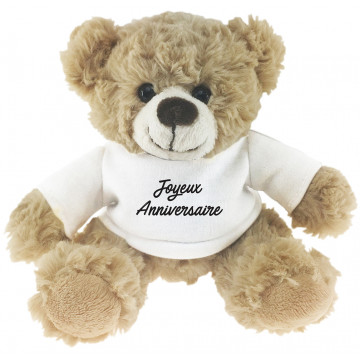 Peluche Ours beige JOYEUX ANNIVERSAIRE sur tee shirt blanc collection Petits messages