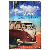 Plaque métal Van All you need is Love and the beach 30 x 20 cm déco rétro vintage