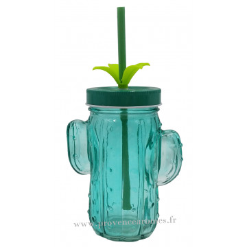 Verre Cactus avec paille et couvercle couleur vert bleu