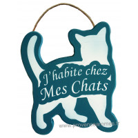 Plaque en bois forme Chat " J'HABITE CHEZ MES CHATS " vert céladon