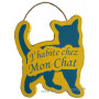 Plaque en bois forme Chat " J'HABITE CHEZ MON CHAT " jaune curry