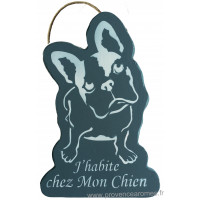 Plaque en bois forme bouledogue " J'HABITE CHEZ MON CHIEN " bleu marine