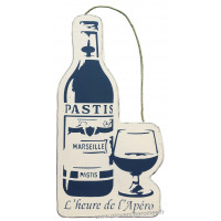 Plaque en bois forme de bouteille et verre de pastis " L'HEURE DE L'APÉRO " blanc