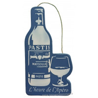 Plaque en bois forme de bouteille et verre de pastis " L'HEURE DE L'APÉRO " bleu