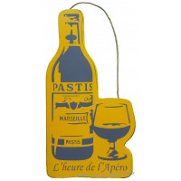 Plaque en bois forme de bouteille et verre de pastis " L'HEURE DE L'APÉRO " jaune