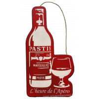 Plaque en bois forme de bouteille et verre de pastis " L'HEURE DE L'APÉRO " rouge