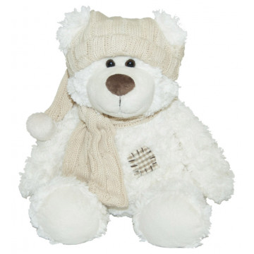 Peluche Ours blanc avec écharpe et bonnet de laine écrus