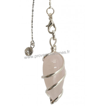 Pendule Quartz rose pierre naturelle spirale métal chaînette argent