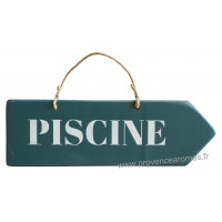 Plaque flèche en bois " Piscine " fond bleu canard