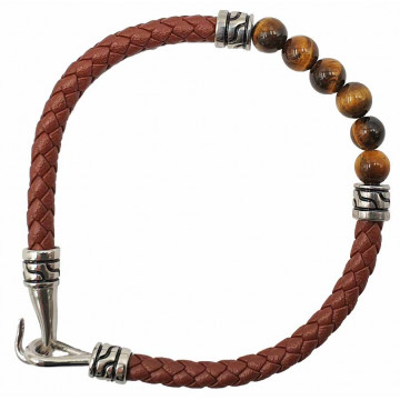 Bracelet cuir brun œil de tigre fermeture acier