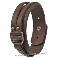 Bracelet cuir marron et métal largeur 2 cm