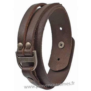 Bracelet cuir marron et métal largeur 2 cm