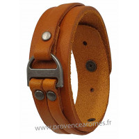 Bracelet cuir marron camel et métal largeur 2 cm