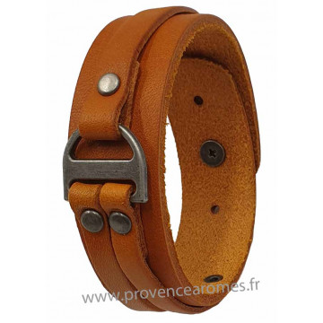 Bracelet cuir marron camel et métal largeur 2 cm