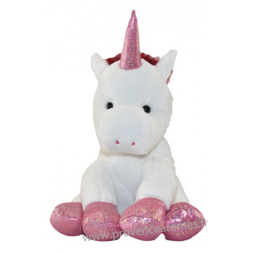 Peluche LICORNE blanche et rose pailleté 15 cm