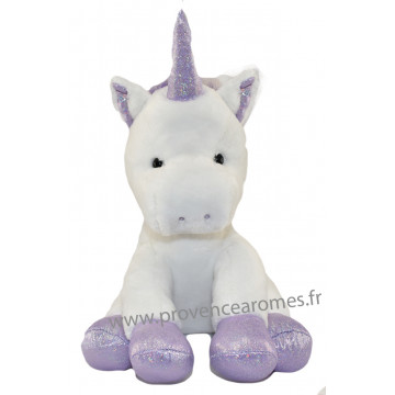 Peluche LICORNE blanche et violet pailleté 15 cm