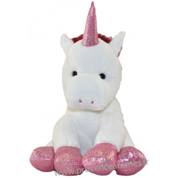 Peluche LICORNE blanche et rose pailleté 25 cm