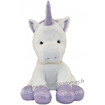 Peluche LICORNE blanche et violet pailleté 25 cm