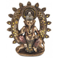 Statuette GANESH assis sur la souris Mushika 28,5 cm effet bronze