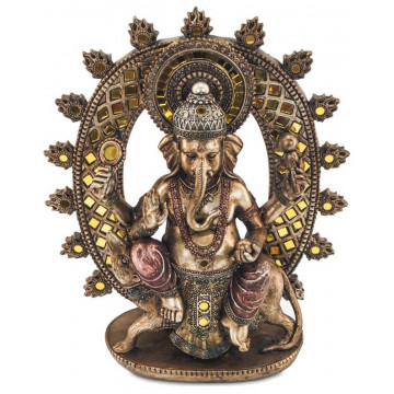 Statuette GANESH assis sur la souris Mushika 28,5 cm effet bronze