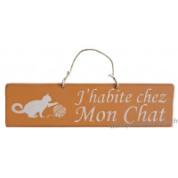 Plaque en bois " J'habite chez mon chat " déco Chat boule de laine fond Saumon