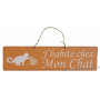 Plaque en bois " J'habite chez mon chat " déco Chat boule de laine fond Saumon
