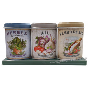 Coffret 3 petites Boîtes Herbes Provence - Ail - Fleur de Sel déco rétro Esprit Provence