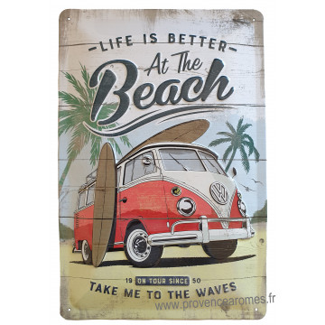 Plaque métal Volkswagen Life is better at the beach 30 x 20 cm déco rétro vintage