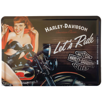 Plaque métal Harley Davidson Pin-up Let's Ride carte postale rétro vintage collection